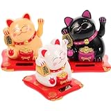 OSALADI 3 Stück Solar Winkekatze Figuren Klein aus Kunststoff in Gelb Schwarz Weiß Lebendige Auto und Wohnraum Deko für Glück und Reichtum