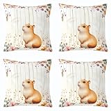 Homewish Karikatur Capybara Kissenbezug Botanische Blumen Kissenhüllen 50x50cm Set Von 4 für Kinder Jungen Mädchen,Holzmaserungs Linien Kissenbezüge Pflanze Blätter Dekor Sofa Dekokissenbezüge