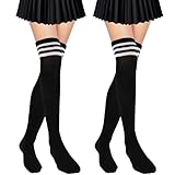 Sibba 2 Paar Kniestrümpfe Overknee Gestreifte Strümpfe Damen, Oberschenkelhohe Socken in Übergröße über dem Knie Knee High Beinwärmer Stockings Lange Socken Schwarz für Laufen Cheerleading Sport