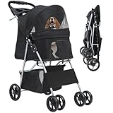 YITAHOME Hundewagen Haustiere Buggy bis 15kg, Hundebuggy mit Netzfenstern & Getränkehalter & Ablagekorb, Katzenbuggy für kleine Hunde Katzen (Schwarz)