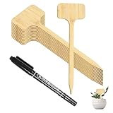 30 Stück Umweltfreundliche Pflanzenschilder aus Bambus, T-förmig, Wetterfest, Wasserfest, mit Schwarzer Markerstift, für Garten, Kräuter, Draußen (H:18cm x W:6cm)