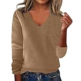 Generisch Troyer Damen,Pullover Damen V-Ausschnitt Strickpullover Locker Warm Fleecepullover Merinowolle Strickpulli Elegant Einfarbig Winterpullover Herbst Winter Wollpullover(Beige,XXL)