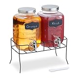 Relaxdays Getränkespender mit Ständer, 2er Set, Limobehälter 4L, Zapfhahn und Deckel, Wasserspender, Glas, transparent