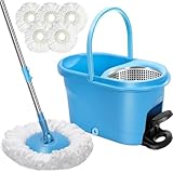 MASTERTOP Wischmopp Set mit Eimer, 2 in 1 Bodenwischer Komplett Set mit 5 Microfaser Moppkopf und Teleskopstiel, Einziehbarer Wischmopp mit Auswringfunktion für alle Hartböden(Blau)