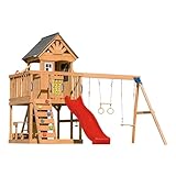 AXI Jack Spielturm aus Holz in Braun mit Doppelschaukel | Spielplatz für Kinder mit Roter Rutsche, Schaukel, Trapez, Kletterwand, Picknicktisch & Sandkasten | Stelzenhaus für den Garten