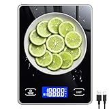 Küchenwaage Digital mit 15 kg Tragkraft, 5 Einheiten in g/ml/fl'oz, Präzise Waage Küche mit Großem Display, Dual Power (USB-C/Batterie), 1g Hochpräzise, Tara, Sicherheitsglas für Backen, Kochen