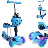 Habib Gruppe 3-in-1 Kinderroller für Jungen und Mädchen - Abnehmbarer Sitz, LED-Räder, Höheverstellbarer Lenker, Tretroller - Kinder Roller Outdoor Spiel, für 2-8 Jahre Kinder - Blau