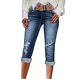 Generic Damen Capri Jeans 3/4 Jeans Caprihose Hohe Taille Kurze Hose Jeans Frauen Jeanshose Große Größen Slim Fit Caprijeans mit Taschen