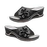 Weiche Leder Arch Support Orthopädische Sandalen Damen Floral Decor Komfort Keilsandalen Sommer Chic Floral Bequeme Hausschuhe Sommer, Schwarz , 38.5 EU
