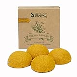 BlueFox Konjac Schwamm 4er Set Kurkuma, Gesichtsreinigung für unreine und Mischhaut, Gesichtspflege, Schminke, bio facial sponge, Peeling der Haut, reine Poren, Reinigungsschwamm, Farbe gelb