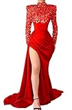 Pailletten-glitzerndes Meerjungfrau-Abschlussballkleid, langärmelig, Satin, hoher Halsausschnitt, Neckholder, Abendkleid, formelles Partykleid mit Schlitz, Y-rot, 34