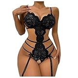 MNSWR Damen Dessous Damen-Spitzen-Body mit tiefem V Ausschnitt praktischem Druckknopfverschluss als verführerischer Teddy Bodysuit mit Push Up Effekt für verführerische Eleganz(Schwarz,XXL)