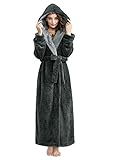 ZFSOCK Damen Morgenmantel Shaggy Extra Lang Flauschig mit Kapuze Bademantel Plüsch Flanell Microfaser Fleece Winter Cozy Warm Weich Wadenlang Bodenlang Loungewear, Dunkelgrau Größe M