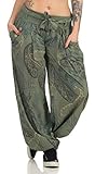 Malito – Haremshose Damen mit Print – Unisize Pumphose aus Baumwolle – Leichte Stoffhose – Sommerhose für warme Tage – Dünne Aladinhose für Frauen 3485 (Oliv)