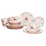 MamboCat Weihnachten 18tlg Kaffeeservice I Steingut-Kaffeeset für 6 Personen mit Hirsch & Schneeflocken in Rot I Je 6X Kaffeetassen 150ml, Untertassen & Kuchenteller für Weihnachten & Nikolaus