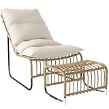 Outsunny Rattan Relaxsessel mit Fußhocker UV-beständig Gartensessel mit Kissen Bänder Outdoor Rattanstuhl Gartenstuhl für Garten, Balkon, Terrasse Naturholz