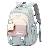 Amythe Schulrucksack Teenager - 36L Schulranzen für Mädchen ab 5. Klasse, Großer Rucksack für Mittel- und Oberstufe, Lässiger Kinderrucksack mit Süßem Anhänger und Trolleyband, Grün