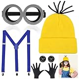 Jeinbuil 5 STK Gelbes Kostüm set für cosplay, Halloween Kostüme für Erwachsene Kinder, 1 Brille Gelbe 1 Mütze 1 Schwarze Handschuhe Set, Kostüm Zubehör für Halloween Karneval Film Kostüm