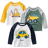 SUPFANS Langarmshirts für Kleinkinder, Jungen, 100 % Baumwolle, Dinosaurier, Bagger, Polizeiauto-T-Shirts, 3er-Pack, Set B, 3 Jahre