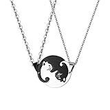 Cupimatch Paare Kette Puzzle Katze Halskette Freundschaftskette für Sie und Ihn 2 Verliebte Paar Schmuck, Schwarz Silber