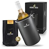 BARMINGO Weinkühler Edelstahl mit 2 Kühlakkus – Getränkekühler & Flaschenkühler für Wein, Sekt, Champagner | Sektkühler doppelwandig mit Kühlmanschetten | Weinflaschenkühler | Metallic-Schwarz