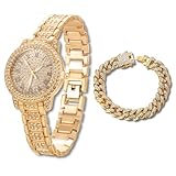 Halukakah Diamanten-Gold-Uhr Iced Out für Jungen - 18K Echtgold Platiniert,32mm Rund Zifferblatt,Japanisches Quarzwerk - 19.5cm Länge,mit 18cm Cuban-Kette & Anpassungswerkzeug - für Geburtstage,Partys