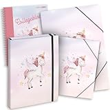 itenga SET SCHMETTERLING 4teilig: Heftbox + Gummizugmappe A4 + Zeichenmappe A3 - Collegeblock - für Kinder Jugendliche Schüler Mädchen (Motiv Einhorn)