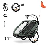 hauck Bike N Walk Duo, Dark Green - 3in1 Fahrradanhänger Komplett Set für 2 Kinder 6M+ bis 22 kg / 120 cm mit Federung, Handbremse, Verstellbare Rückenlehnen, Kofferraum, Inkl. Zubehör