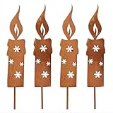 YUNSTK Rostiges Kerzen Gartenstecker Weihnachten, 4er Set Weihnachtsdeko Roststecker, Rost Licht Metall Wetterfest, Draußen Gartenstecker, Gartendeko Rost Deko Baumstecker