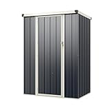 HOMASIS Gerätehaus Metall, Geräteschuppen mit Pultdach & Tür & Schloss, 1,6 m³, 117 x 89 x 162 cm, Gartenhaus mit 2 Paar Handschuhe, Gartenschuppen Gartenhütte Outdoor Wetterfest, Grau