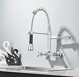 Wasserhahn Küche Wandmontage Küchenarmatur 360° Schwenkbar mit Herunterziehbare Brause 2 Hebel Spültischarmatur Küche,Chrom