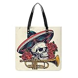 MQPYWLH Trompete Totenkopf Rose Damen Shopper Handtasche Umhängetasche Schultertasche Für Büro Schule Einkauf 39x39cm