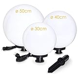 Kugelleuchte Miau, Kugellampe 3er Set, Außenleuchten aus weißem Kunststoff Ø 30, 40 und 50 cm, Leuchtkugeln mit E27-Fassung, Kugellampen mit 5 Meter Zuleitung, ohne Leuchtmittel