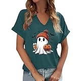 Damen Halloween V-Ausschnitt-Shirt mit süßem Geist - Lässiges Oberteil mit Kürbis und Fledermäusen | Herbstliches T-Shirt für die Gruselzeit