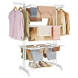 SONGMICS Wäscheständer, Standtrockner 4 Ebenen, Flügelwäscheständer, klappbare Flügel, mit Rollen, 63,5 x 128 x 173 cm, groß, einfacher Aufbau, wolkenweiß LLR701W03