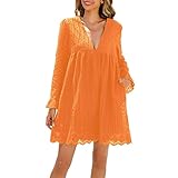 Schwarzes Kleid Schulterfrei Langarm Ausschnitt Tasche V-Ausschnitt gefüttert Shorts Sexy Minikleid(Orange,S)