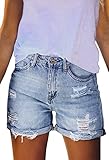 Sovoyontee Damen Hohe Taille Denim Kurze Hose Destroyed Sommer Kurz Jeans Ausgefranste Distressed Zerrissener Jeans Blau L