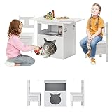 LIFEZEAL Kindertisch mit 2 stühlen, 2-in-1 Spieltisch mit Katzenhaus, Eingang & Fenster, Kindersitzgruppe mit Stoffschubladen, Tischgruppe Kinder für Jungen & Mädchen ab 3 Jahre