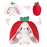 Edencomer Hasen Verstecken, Erdbeer-Hase Plüschtier mit Reißverschluss - Verwandelt Sich durch Umklappen in Kuschelhasen, Oster Geschenk für Kinder (10inch/ 25cm)