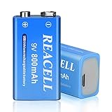 REACELL 2 Stück 9V Blockbatterie Akku 800mAh USB Wiederaufladbare Lithium Batterie 1,5 Stunden Schnellladen 9V Batterie Geeignet für Rauchmelder