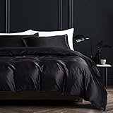 Boqingzhu Glanz Satin Bettwäsche Schwarz 200x200cm Uni Glatt Seide Bettwäsche Set Bettbezug mit Reißverschluss und 2 Kissenbezüge 80x80cm