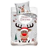 MTOnlinehandel Bettwäsche-Set 135x200 · Weihnachten Rentier · Merry Christmas Familien Winter-Bettwäsche 135x200 + 80x80 cm · 100% Baumwolle · Kinder, Teenager, Erwachsene