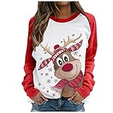 ROERDTRY Weihnachtspulli Lustig Damen Baumwolle Klassisch Rentier Muster Weihnachtspullover Sweatshirt Langarmshirt Weihnachtspulli 3D Rundhals Drucken Sweater Herbst Winter Langarm Pullis Bluse