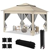 Fiqops Pavillon 3x3m Wasserdicht Stabil, GartenPavillion Doppeldach Pavillon, Metallrahmen Pavillon, Plane Partyzelt Gazebo für 2-4 Personen, Beige