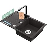SCHOCK Set schwarz aus Spüle Lima D-100S Nero 78x50 cm und Küchenarmatur Epos Festauslauf Puro – Pflegeleichte, robuste Quarzkomposit-Oberfläche