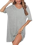 Irdcomps Nachthemd für Damen Schlafshirt Kurzarm Sleepshirt Baumwolle Kurz Sexy Schlafkleid Schlafhemd Oversize Sommer Nachtwäsche Grau M
