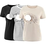 Love2Mi 3er Pack Damen Stillshirts kurzen Umstandstop T-Shirt Überlagertes Design zum Stillen T-Shirts fur Schwangere