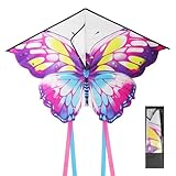 Aomig Kinder Drachen Einleiner Flugdrachen für Kinder und Erwachsene Bunter Schmetterling Lenkdrachen für Anfänger Drachen Kinder ab 3 Jahren Colorful Kinderdrachen with Long Tails Drachen (100*73cm)