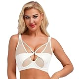 TiaoBug Damen Sport Crop Top Unterhemd Kurz Mesh Spleiß Strappy Bra Top Transparent Bustier Bralette Crossover BH Unterwäsche Dessous Clubwear Weiß XL