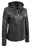 A1 FASHION GOODS Sally Damen Lederjacke im Biker-Stil, mit abnehmbarer Kapuze, Schwarz Gr. 42, Schwarz